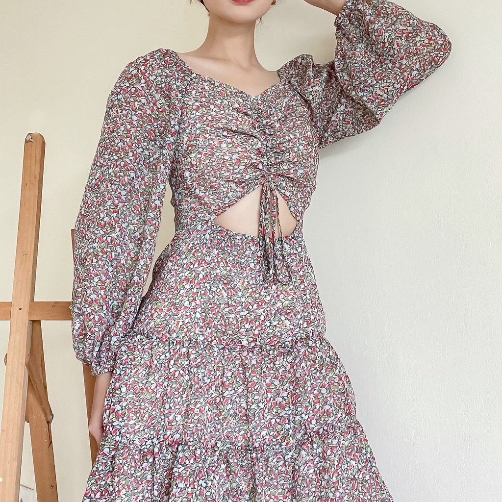 Váy liền nữ Méo shop dáng xoè baby doll có dây rút ngực Glory