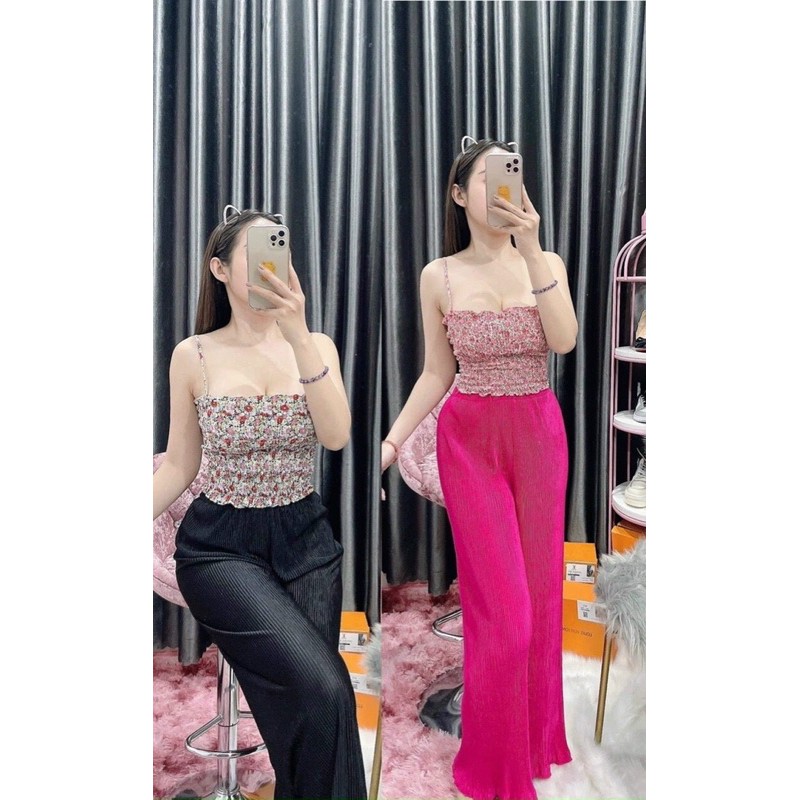 Set áo hoa bèo quần dập ly ống suông - freesize dưới 53kg - hình chụp thật - video chính chủ - carotshop | BigBuy360 - bigbuy360.vn