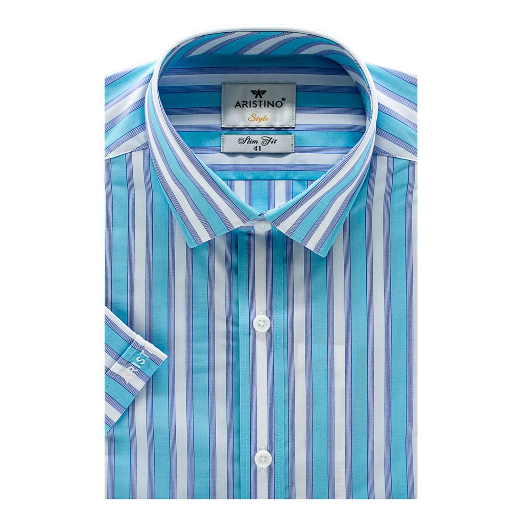 Áo sơ mi aristino ngắn tay màu xanh trắng kẻ sọc slim fit sợi tre ASS067S8