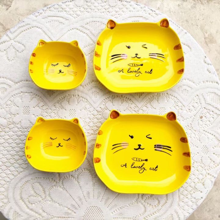 Đĩa Ăn Dặm Hình Mèo Vàng Đáng Yêu AD14 Chất Liệu Gốm Sứ Size Lớn Tráng Men Cho Bé YOOTA BABY