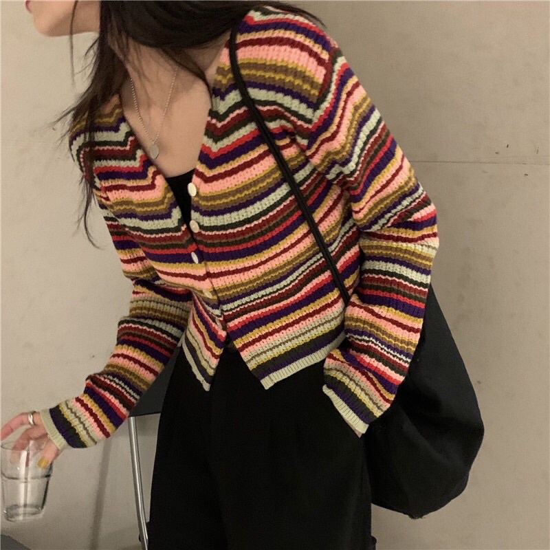 Áo len croptop dáng ôm thân kẻ ngang sắc màu