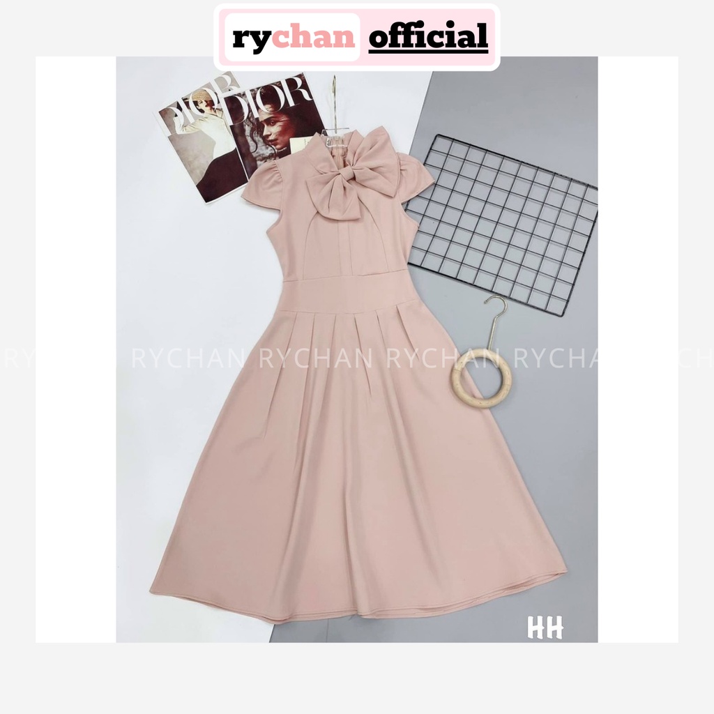 Đầm Xòe Midi Tay Hến Chiết Eo Cổ Đính Nơ [Ảnh Thật Cuối] - DX0070