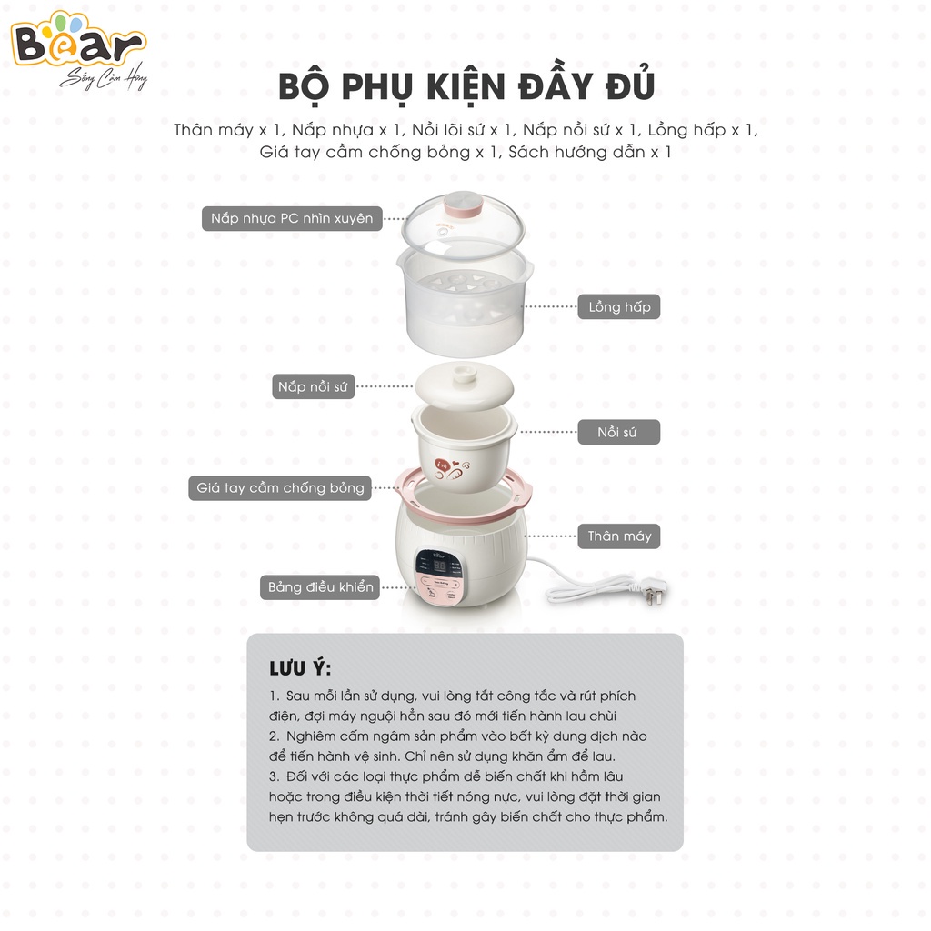 Phụ Kiện Thố Sứ Nồi Nấu Cháo Chậm Bear 0.8L, 1.6L Phiên Bản Quốc Tế