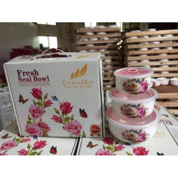 Bộ 3 bát sứ có nắp hút chân không( loại không tai)