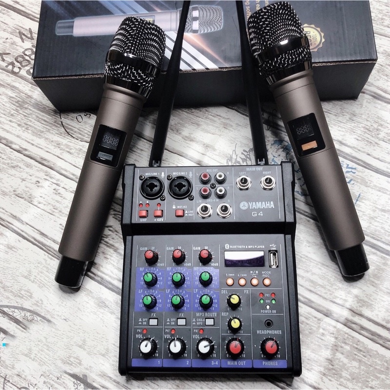 Mixer Livetream Yamaha G4 Bluetooth, USB - Tặng Kèm 2 Micro Không Dây UHF, Loa Kéo Dàn Amply Gia Đình - Dùng Trên Xe Hơi