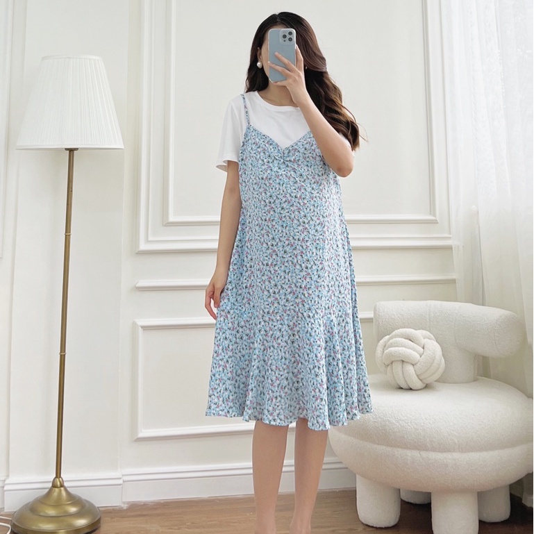 MEDYLA - Đầm bầu yếm công sở dáng yếm liền áo trong cotton thiết kế 2 lớp voan hoa nhí cho bầu đi chơi du lịch -VY032
