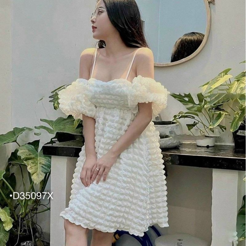 Đầm 2 Dây Babydoll Ulzzang Váy Xốp Trễ Vai Form Rộng Tay Bồng Tiểu Thư D35097X