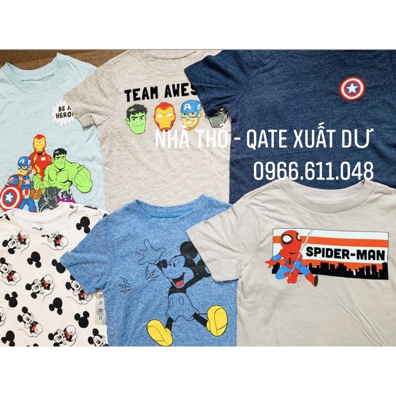 Áo Phông cộc tay Cotton Cho Bé Trai Cổ Họa Tiết Siêu Nhân, Người Nhện, Mickey cho bé trai xuất xịn Từ 6 Đến 30kg