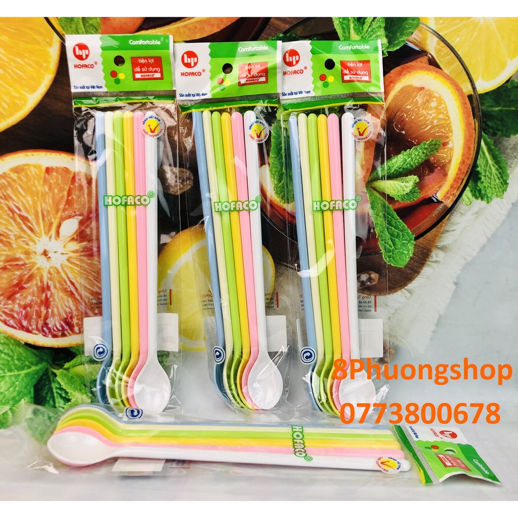 Muỗng khuấy nước ép sinh tố cao cấp nhiều màu 6 cái/ set - Dụng cụ trang trí quầy bar - Thìa khuấy sinh tố Hofaco HPB114