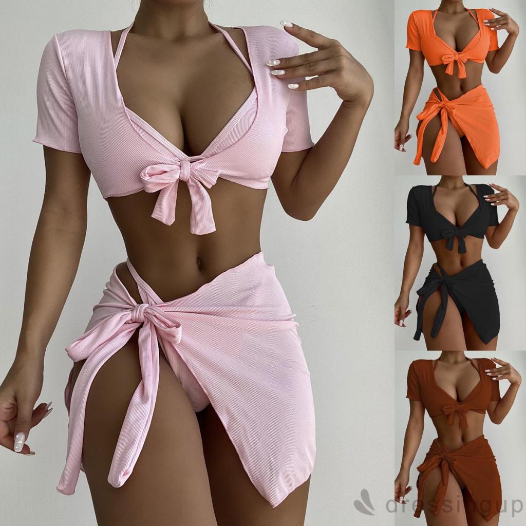 Set 4 món áo ngực + áo croptop + quần lót + xà-rông màu trơn thời trang cho nữ