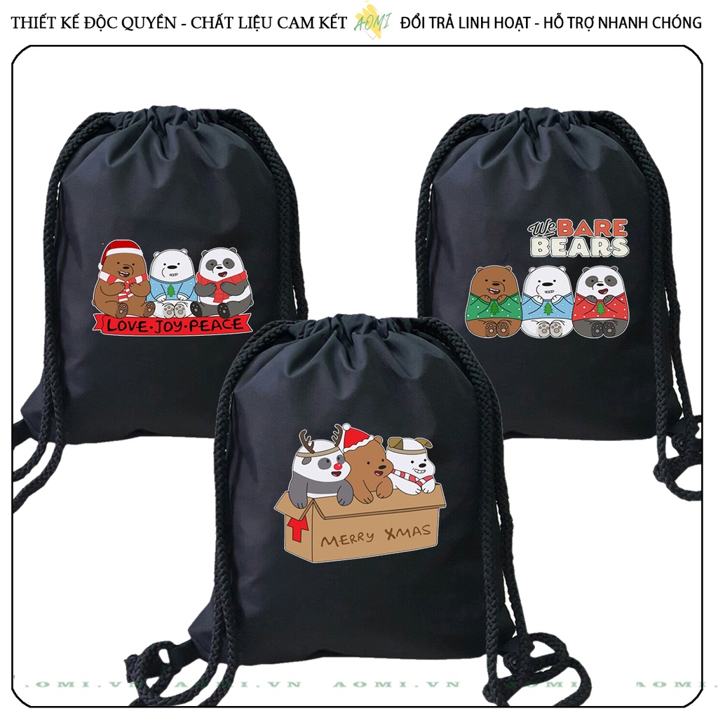 BALO MINI Kawaii 3 chú gấu we are bear AOMIVN DÂY RÚT ĐEO VAI 33x38cm NHỎ XINH UNISEX CHẤT CANVAS CUTE TIỆN ÍCH DU LỊCH