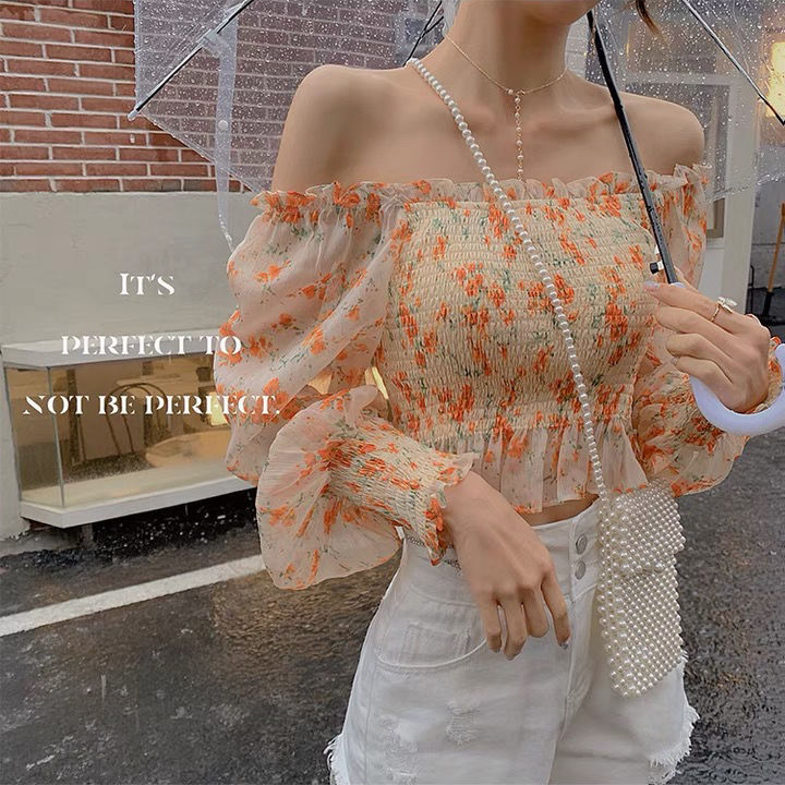 Áo lửng tay dài in hoa hở vai gợi cảm cho nữ