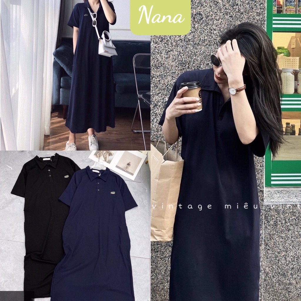 Váy Polo suông rộng thêu cá sấu/ Đầm Maxi nữ cổ bẻ mặc nhà kiểu dáng trẻ trung,năng động màu đen, xanh Nanashop
