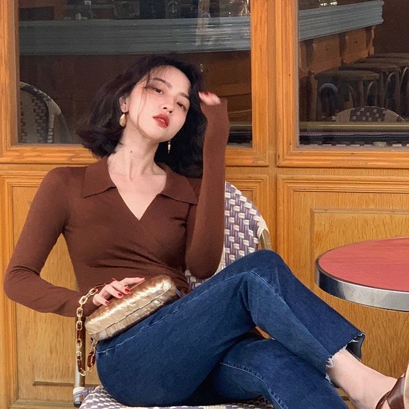 Áo croptop cổ chữ V eo cao phong cách retro Pháp thời trang mùa thu cho nữ 2021