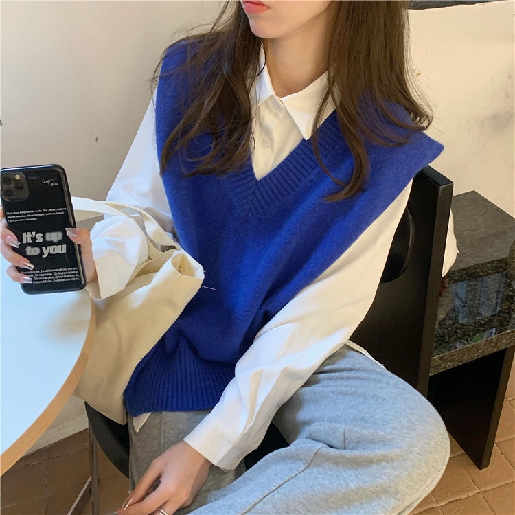 Bộ Đồ Nữ Hàn Quốc Mới Đại Học Cổ Chữ V Dệt Kim