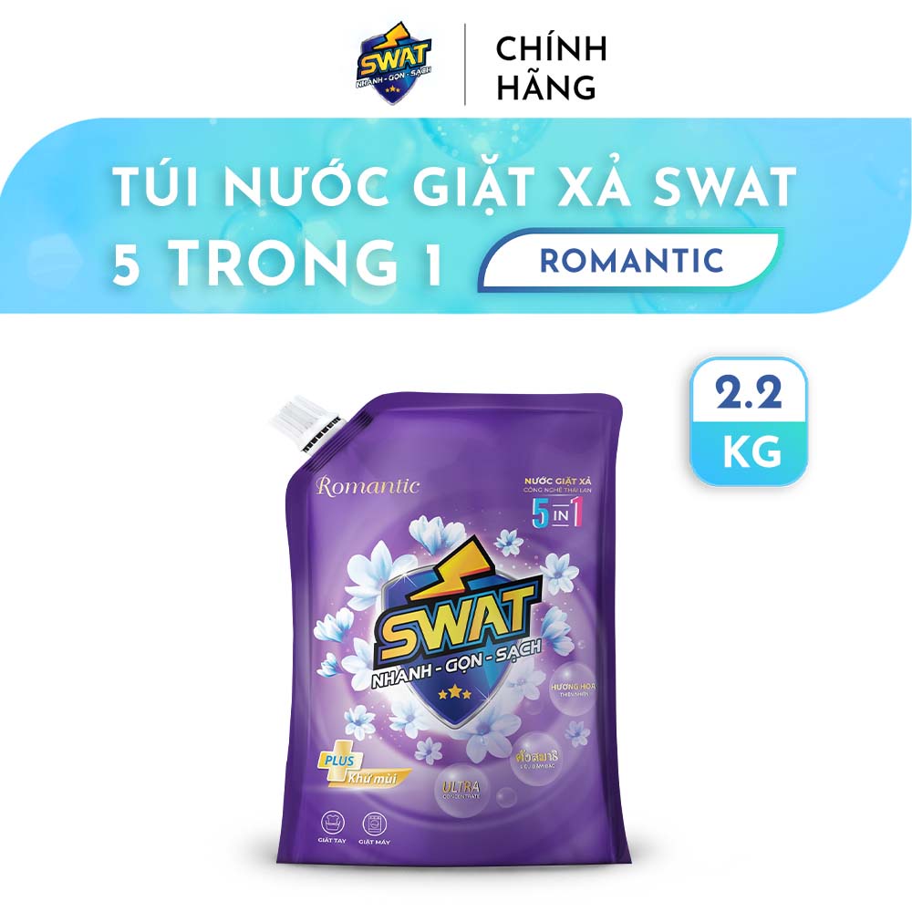 Nước Giặt Xả 5 in 1 SWAT hương Romantic siêu thơm túi 2.2KG siêu tiết kiệm giúp diệt khuẩn lưu hương lâu - CLEANHOUSE