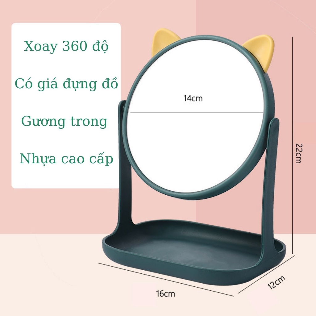 Gương để bàn trang điểm xoay 360 có giá đỡ đựng đồ độ dễ thương