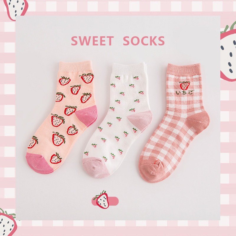 Set 3 đôi tất cổ caoBivota vớ họa tiết dâu tây hồng cực xịnh T107