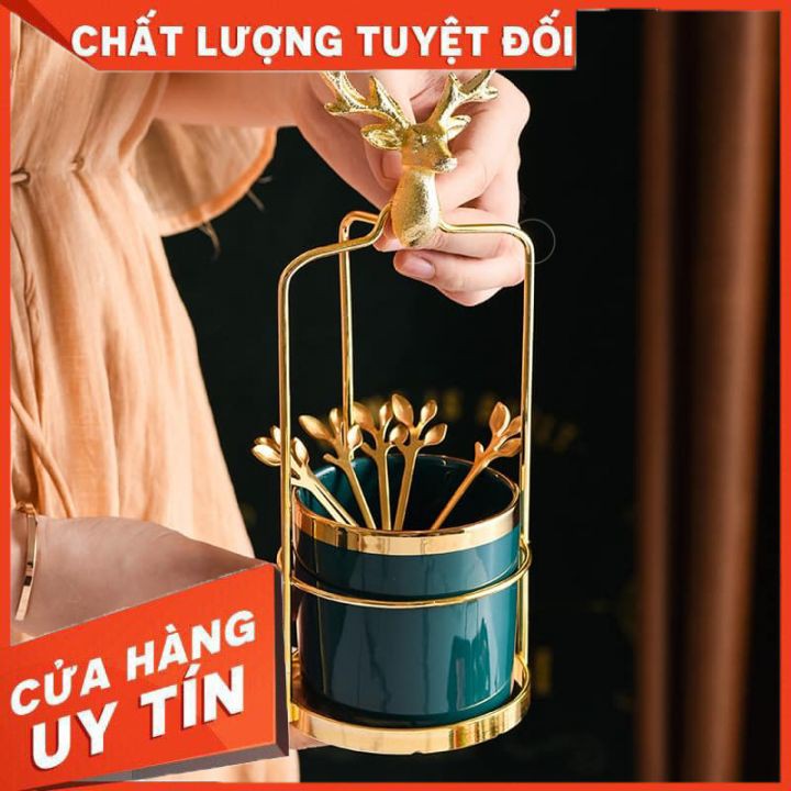 Set 6 thìa cà phê, pha trà ☘ 𝐅𝐑𝐄𝐄 𝐒𝐇𝐈𝐏☘ kèm cốc sứ và lồng đựng cốc đầu hươu mạ vàng siêu sang chảnh