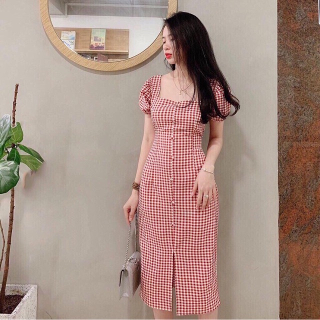 [ SIÊU HOT] ĐẦM TIỂU THƯ CỔ VUÔNG CARO DÁNG ÔM CAO CẤP MÀU ĐỎ ĐỦ SIZE M L XL XXL - 324