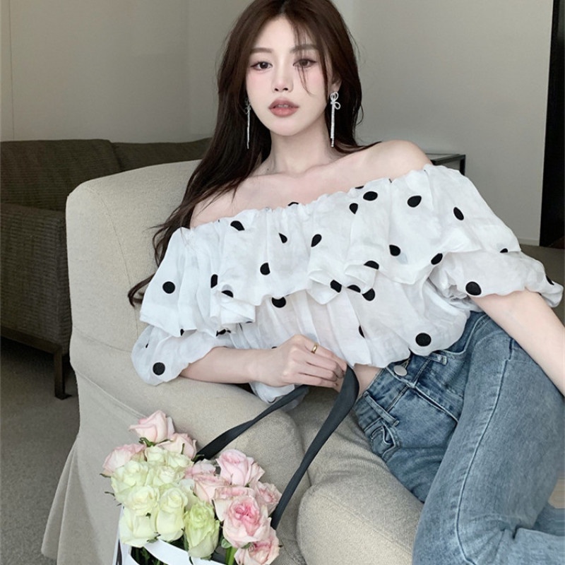 Áo Sơ Mi Tay Ngắn Hở Vai Dáng Rộng Họa Tiết Chấm Bi Thời Trang Mùa Hè Quyến Rũ Cho Nữ