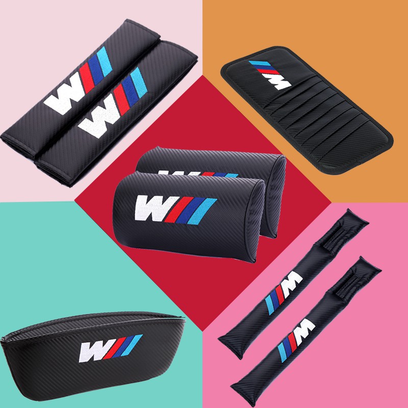 BMW M Power Carbon Fiber Car Seat Neck Headrest Safety Belt Pad Cover Shoulder Pad Gap Leak-Proof Slit Plug Sun Visor CD Clip Catcher Box Car Steering Wheel Cover