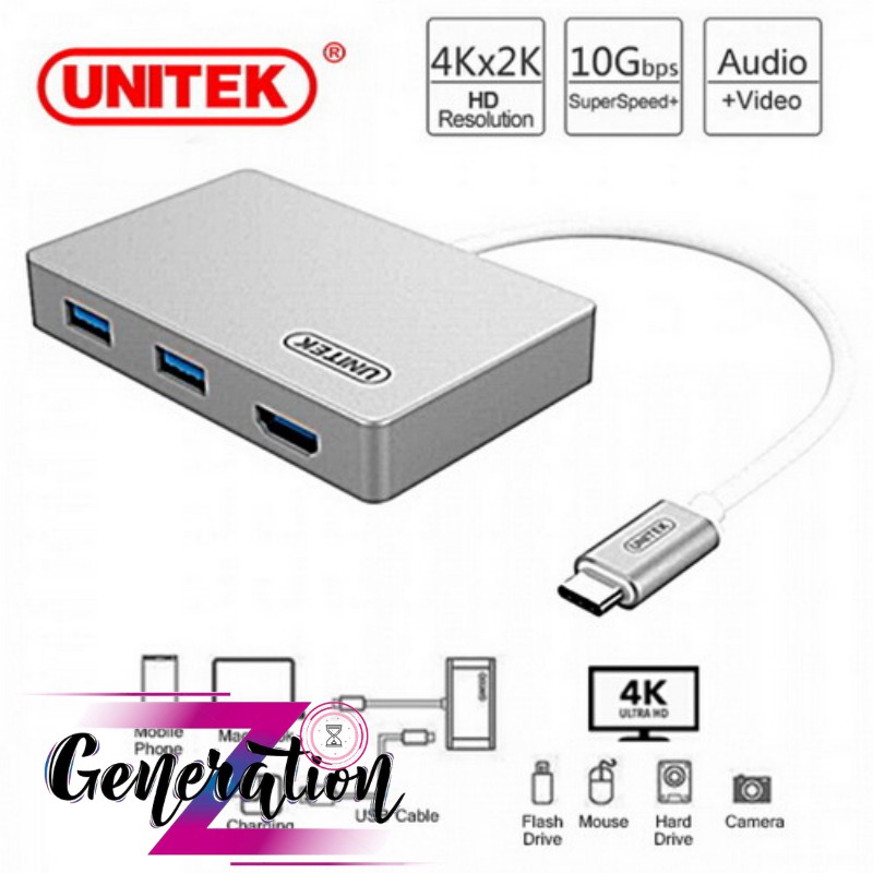 Bộ chuyển USB Type-C ra 2 Port USB 3.0 + HDMI Unitek Y-3707