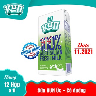 Thùng 12 Hộp Sữa tươi KUN Úc 1 Lít Ít Đường