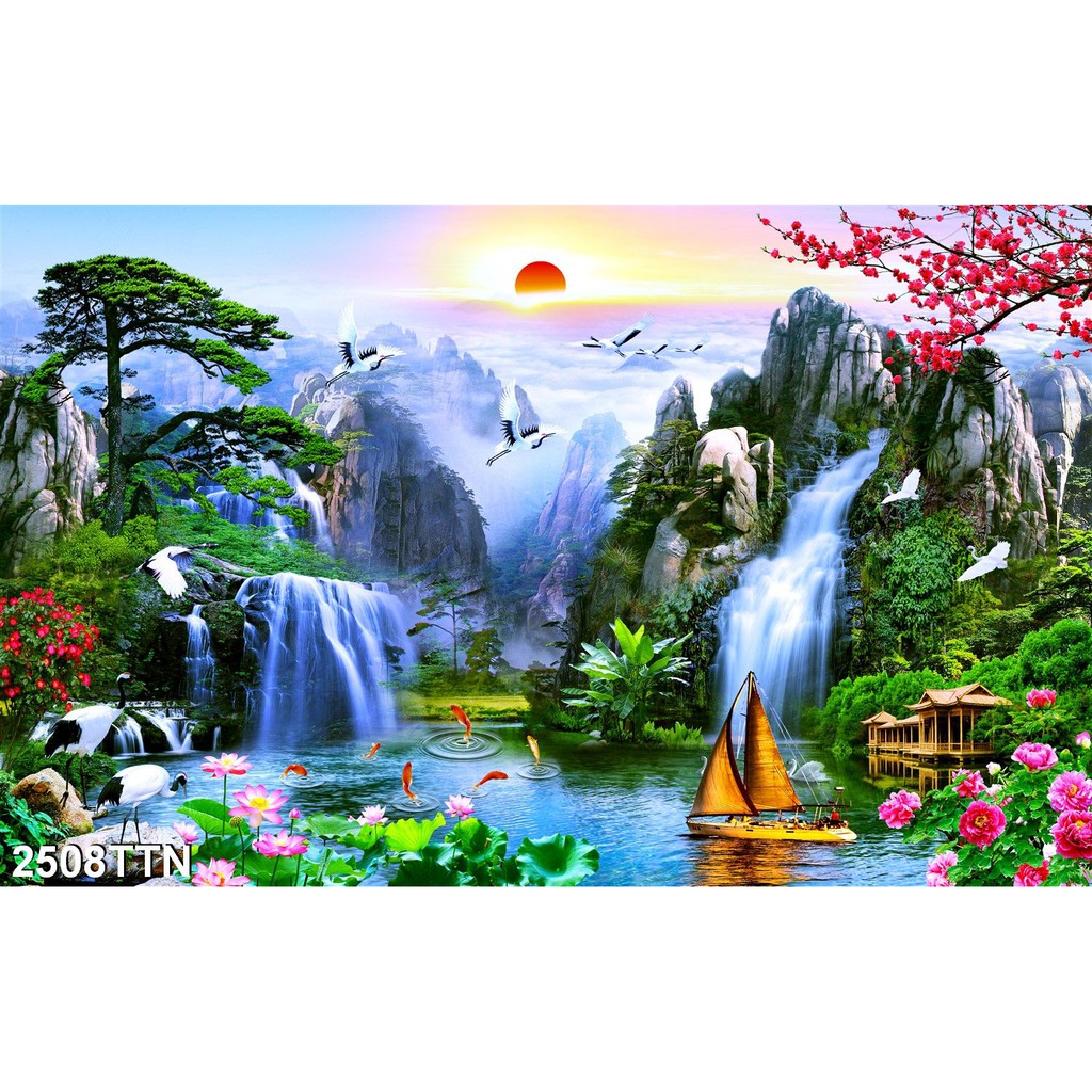 TRANH DÁN TƯỜNG 3D SƠN THUỶ HỮU TÌNH THÁC NƯỚC ĐẸP NHIỀU MẪU - TRANH NON NƯỚC HỮU TÌNH