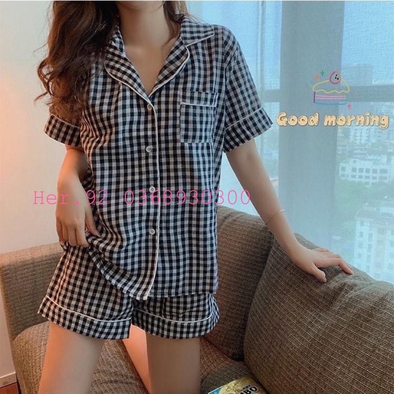 Bộ pijama quần đùi áo cộc kẻ ô chất đũi mát lạnh đồ ngủ xinh