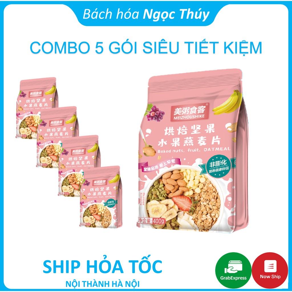 Combo 5 Gói Ngũ Cốc Hoa Quả Yến Mạch Mix Hạt Baked Nuts Fruit Oatmeal Meizhoushike Hồng Nhạt 400g