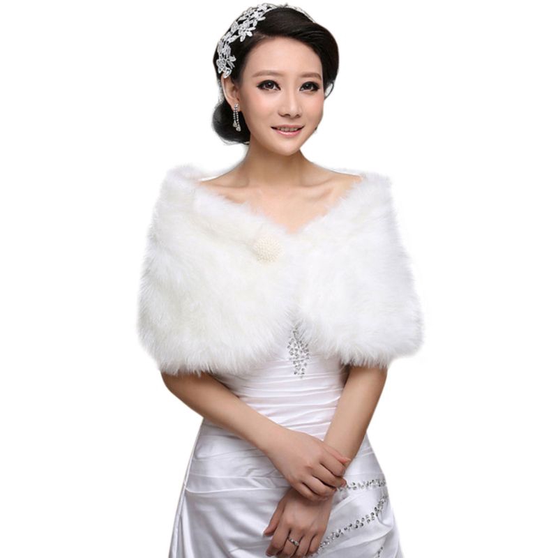 Womens White Faux Fur Bridal Wrap Stole Shawl Cape Wedding Pearl Ball Embellishment Coat Shrug