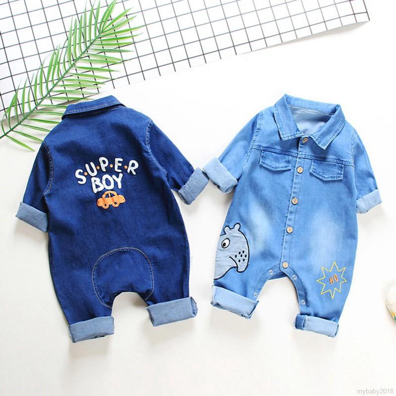 Bộ Áo Liền Quần Denim Dài Tay In Hoạt Hình Cho Bé