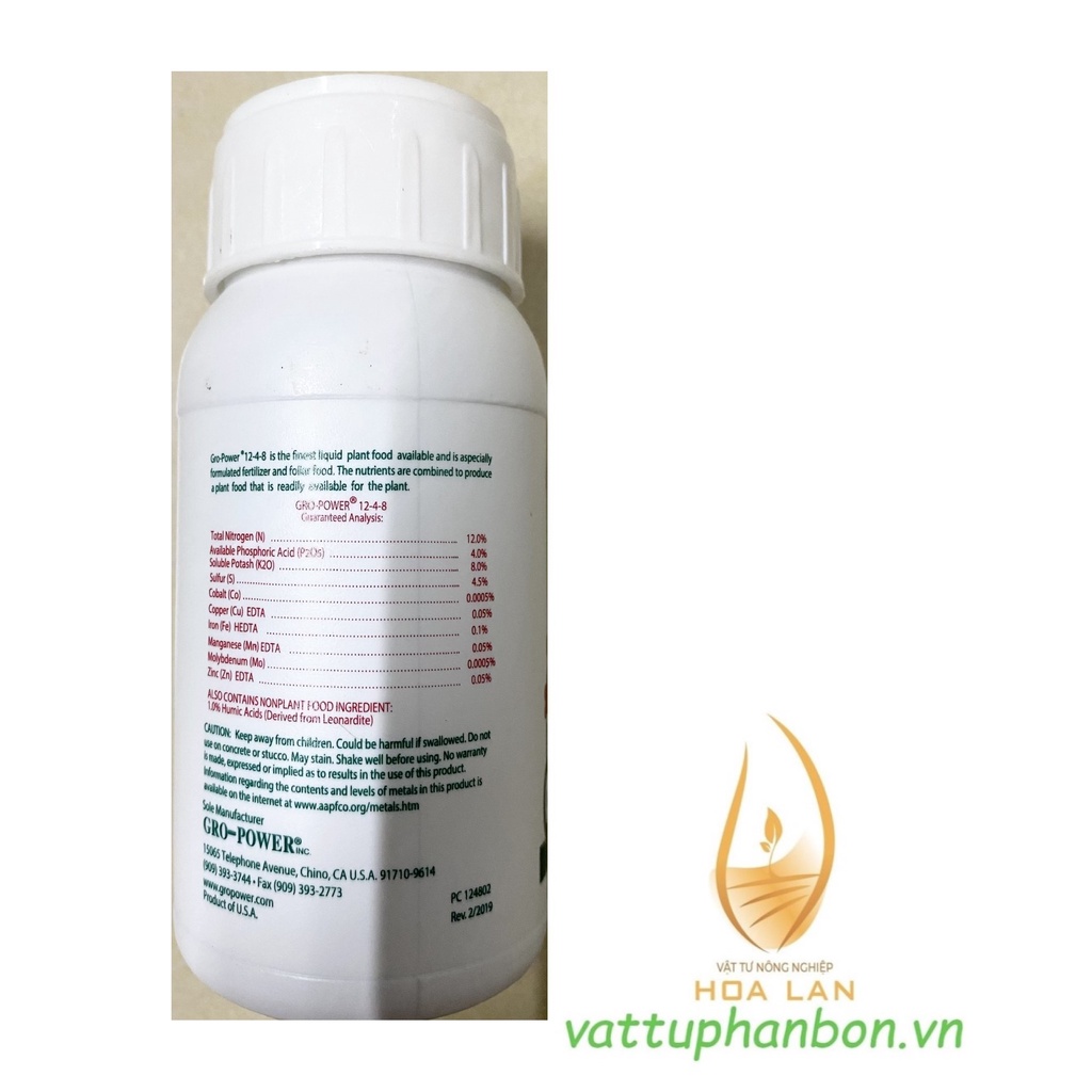 GRO-POWER 12-4-8 Phân Bón  Đa Lượng NPK Nhập Khẩu từ Mỹ - #210A# 240ml