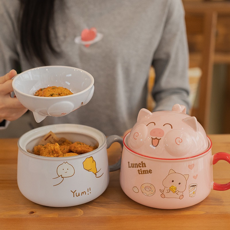 Tô sứ ăn mì, cháo, phở có nắp xinh xắn hình chú heo