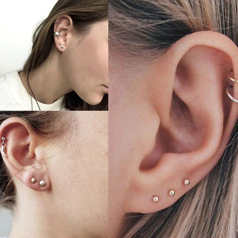 Set 5 Khuyên Tai Thép Không Gỉ Hình Quả Bóng Hai Đầu Thời Trang Unisex