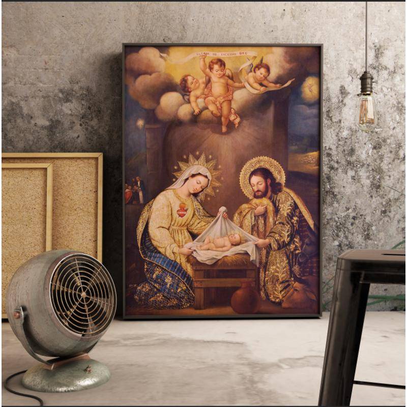 Tranh Vải Bạt Treo Tường In Hình Chúa Jesus Christ Virgin Mary & Joseph Biểu Tượng Tôn Giáo Trang Trí Nhà Cửa