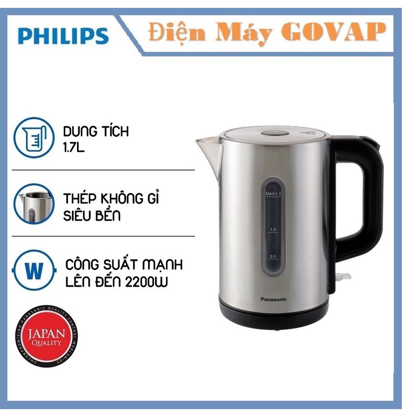 Ấm Đun Siêu Tốc Panasonic NC-K301SRA - 1.7L - Thép Không Gỉ Siêu Bền - Công Suất Mạnh Lên Đến 2200W - Hàng Chính Hãng