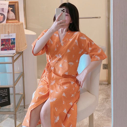 Áo choàng nữ  kimono ngủ cotton bông tuyết xanh  mùa hè mát mẻ đêm ngon giấc  IVY020
