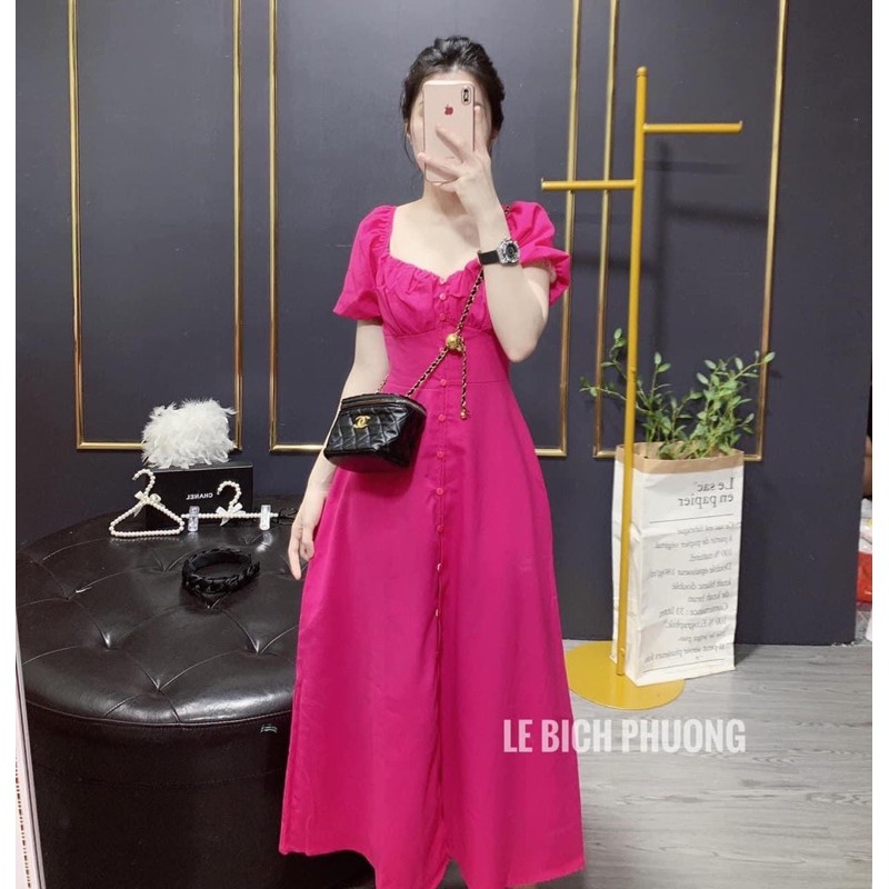 Váy maxi hồng sen xẻ trước dáng xoè tay bồng dáng dài siêu xinh, Đầm nữ tiểu thư đi biển tôn dáng hàng hot trend | BigBuy360 - bigbuy360.vn