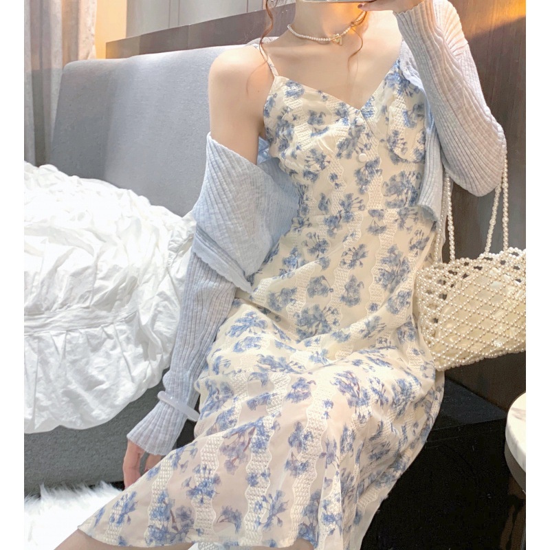 Set Váy đầm hoa 2 dây kèm áo khoác cardigan ngọt ngào kiểu Ulzzang cực xinh SET07
