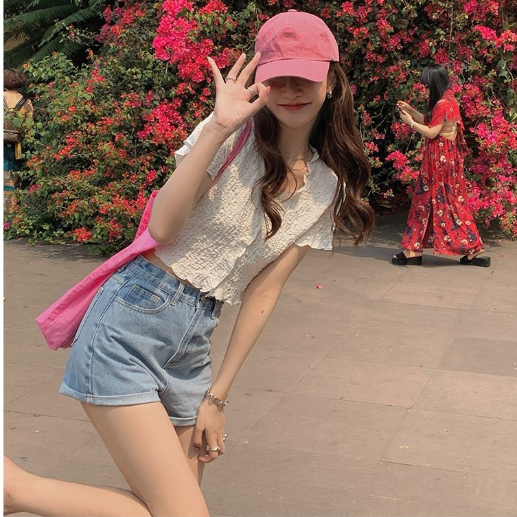 Cocory vn Áo kiểu croptop tay ngắn cổ chữ V cài nút thời trang mùa hè xinh xắn quyến rũ dành cho nữ