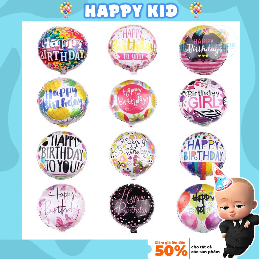 Bóng bay 3D trang trí sinh nhật in hoạ tiết happy birthday tráng nhôm size 18 inch HAPPYKID BBTTSN