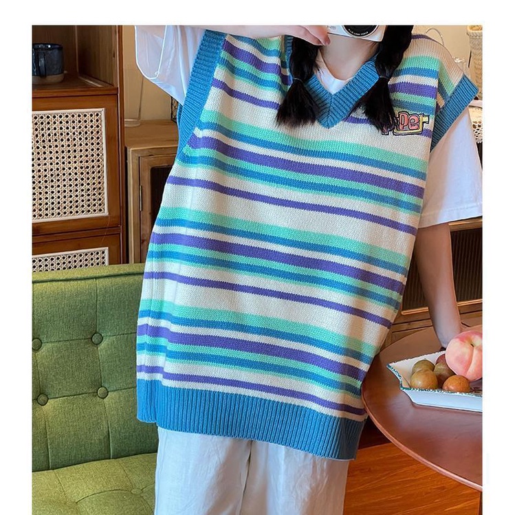 MỚI Áo dệt kim sát nách cổ chữ V họa tiết kẻ sọc phong cách Nhật Bản cho nữ