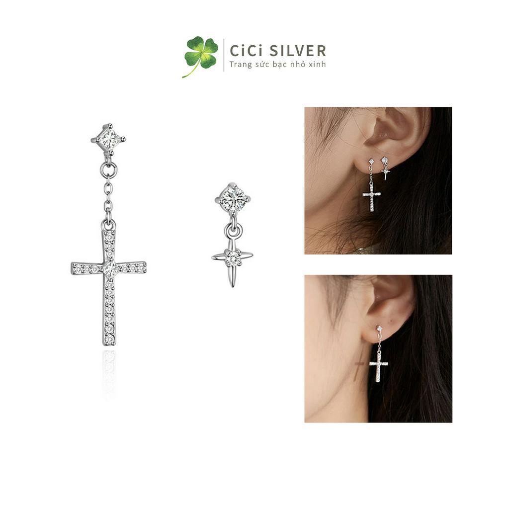 Khuyên tai bạc nam nữ unisex mặt thánh giá chữ thập cá tính, bông tai bạc 925 thật CiCi Siver