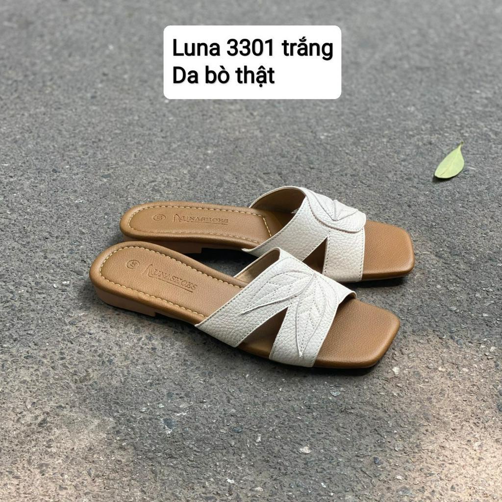 Dép nữ quai chéo họa tiết chiếc lá đế bệt LUNASHOES 3301 da bò mềm hở mũi chống nước êm chân đi hàng ngày