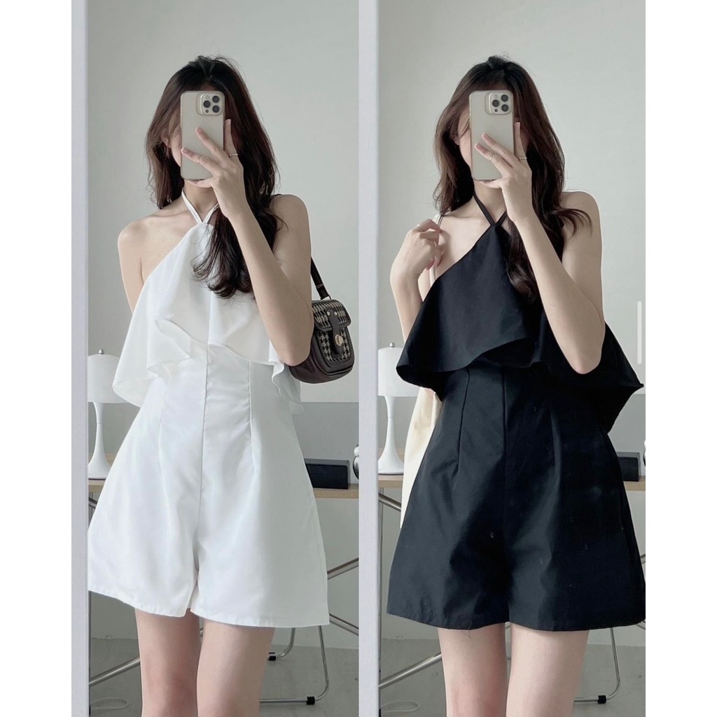 Jumpsuit cổ yếm bèo trước màu trơn