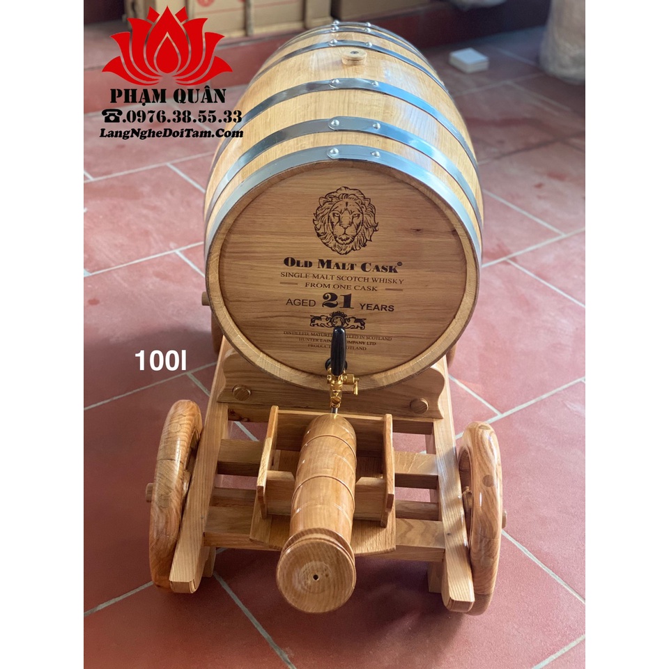 thùng rươu gỗ sồi 100l kèm xe kéo phao gỗ sồi, thùng ngâm ruou