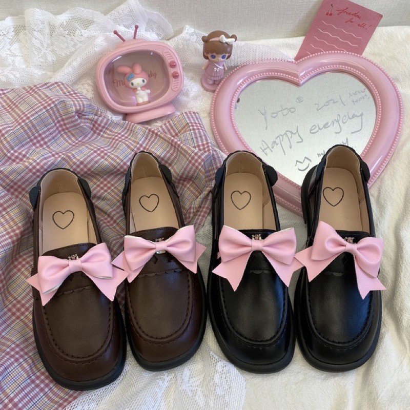 Giày Loafer vintage gấu xinh phối nơ có thể tháo rời vintage lolita ulzzang Nhật Bản [Yannie]