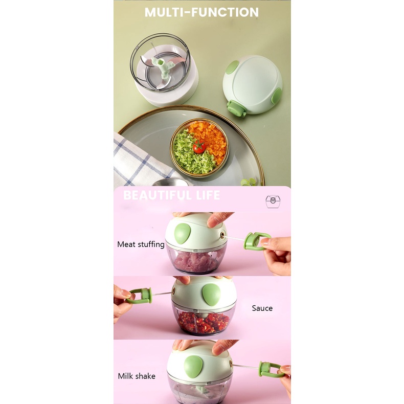 Máy Xay Tỏi Ớt Thực Phẩm Mini Cầm Tay Kéo Dây Hình Chú Heo Xanh Đa Năng, Tiện Lợi